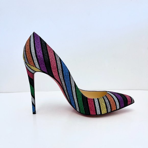 Christian Louboutin Pigalle Follies 100 Striped Glitter Pumps Rainbow Multicolor - Picture 8 of 14